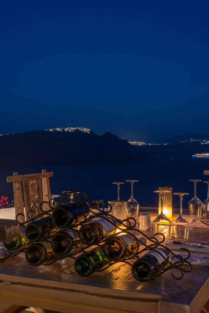 Bottles of wine at Lycabettus Restaurant in Santorini