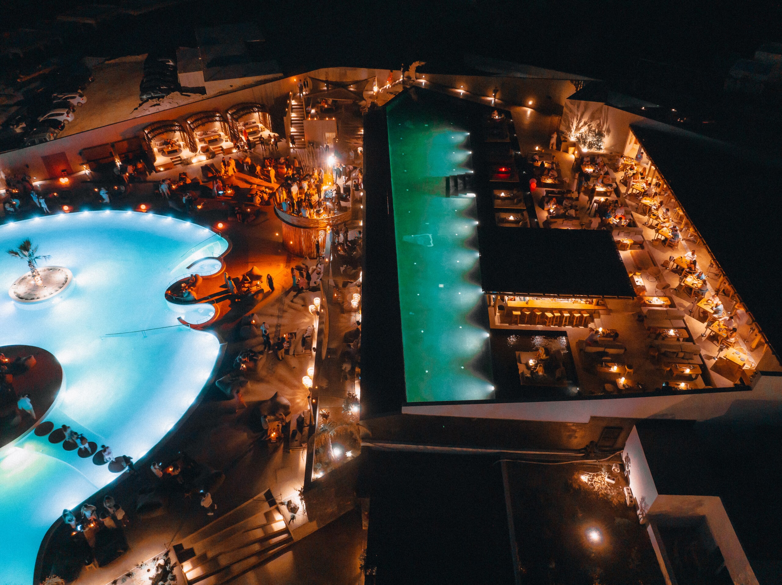 Aerial Photo showcasing the two pools of Pacman Bar-Restaurant in Santorini