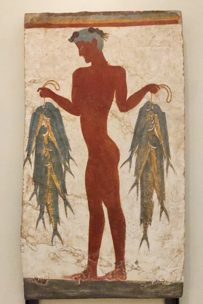 Famous fresco painting of a fisherman carrying fish, demonstrating the rich history of Santorini