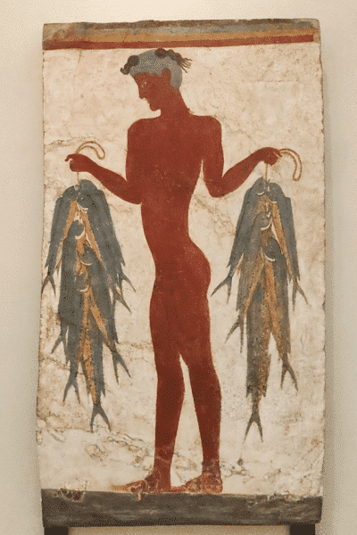 Famous fresco painting of a fisherman carrying fish, demonstrating the rich history of Santorini