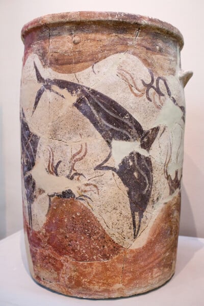 Pottery of Akrotiri Settlement with a dolphin on it showing the rich history of Santorini