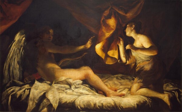 Painting based on the myth of Eros and Psyche. Psyche is trying to uncover Eros' face.